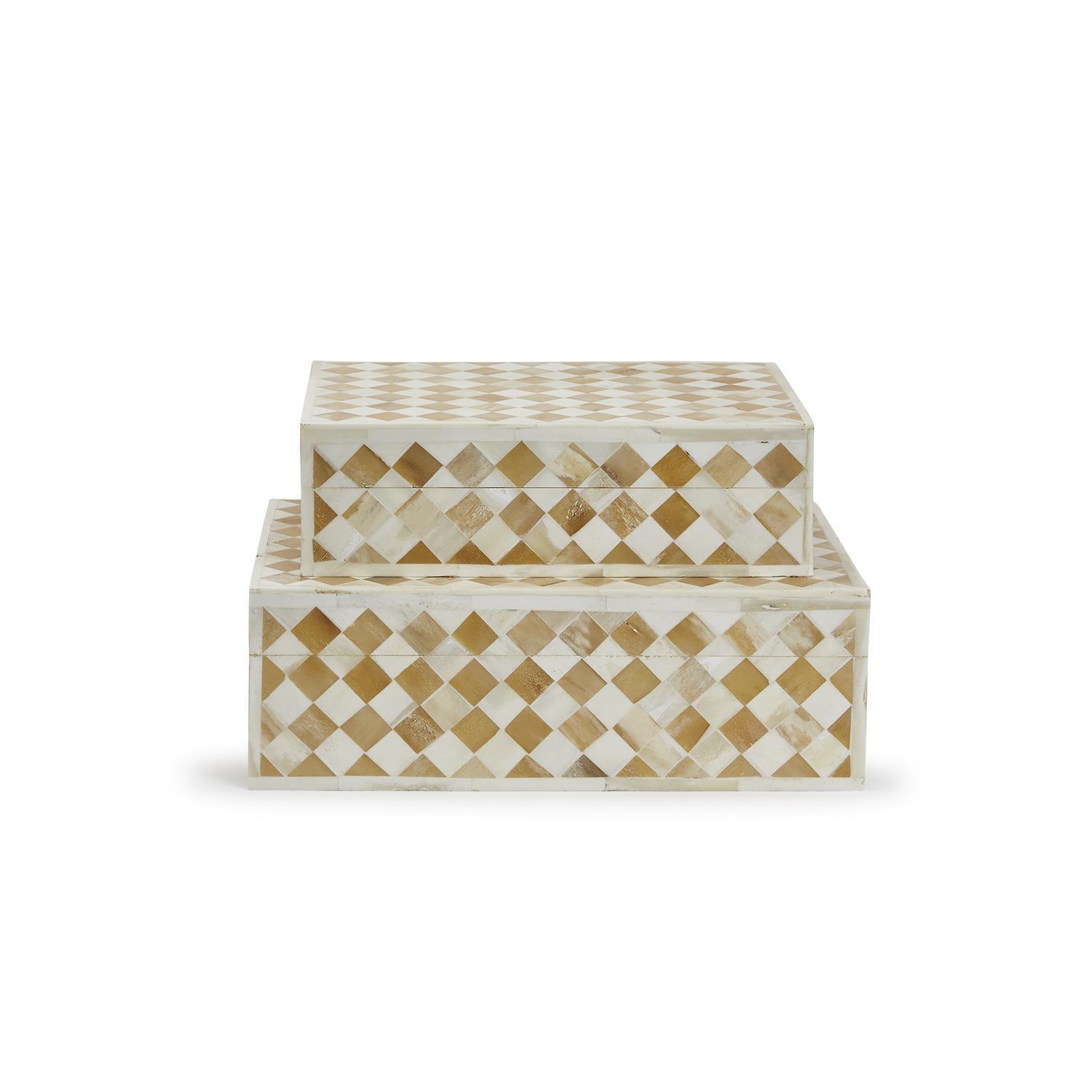 Two\'s Company Set Of 2 Galerie Diamond Hinged Cover Box- Mdf/Mango Wood/Bone