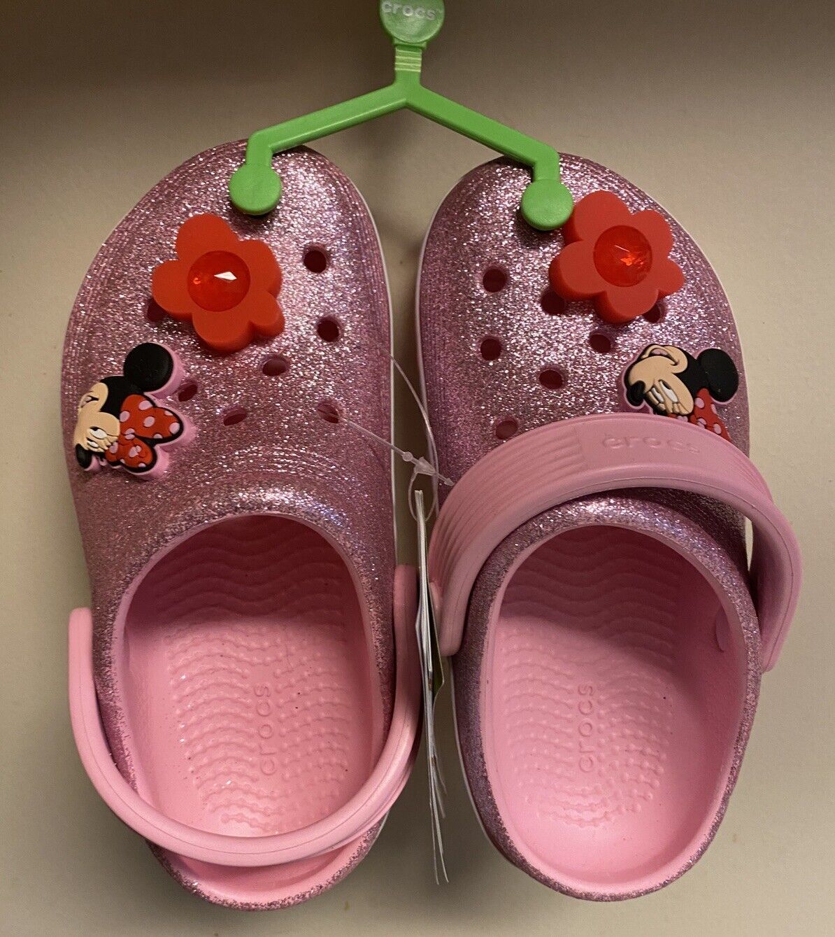 Disney Minnie Mouse Pink Sparkle Light Up CROCS Girls Clogs Child Size 8 - NEW