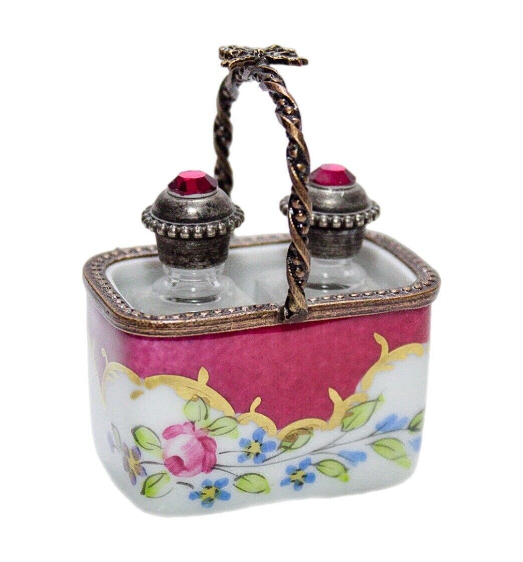 LIMOGES France Hand Painted Peint Main Perfume Basket Porcelain Trinket Box RARE