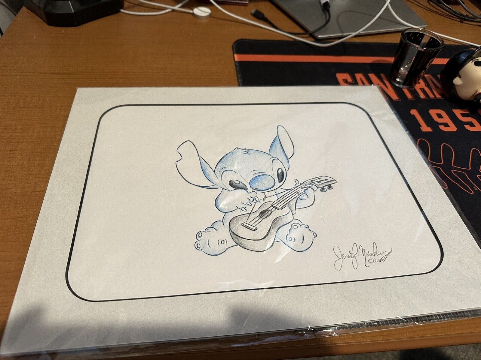 Disney Parks Original Sketch Stitch With Guitar Ukulele Matte Print 11x14” Frame