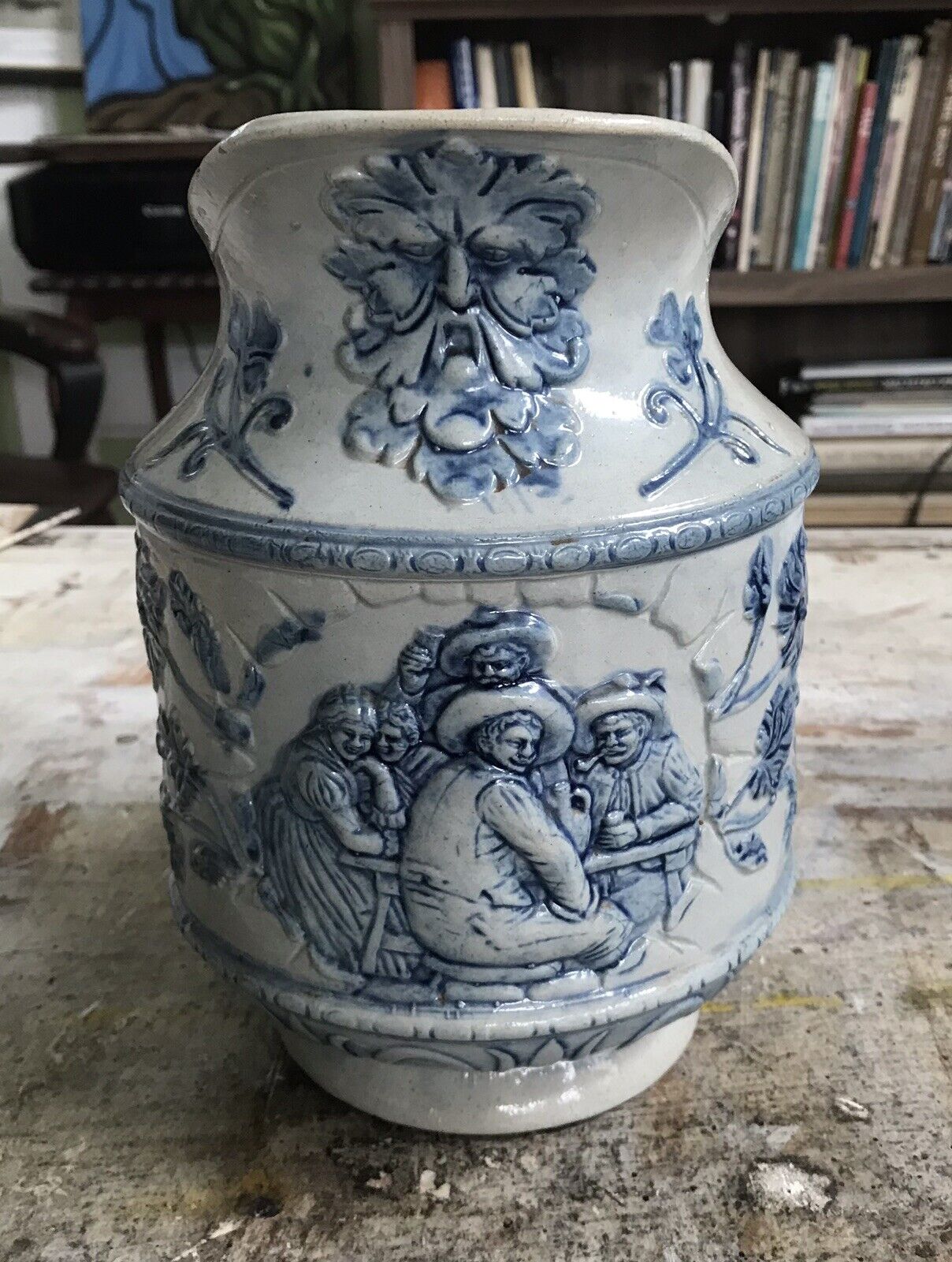 Antique Stoneware Pitcher Flemish Blue White Crock Utica