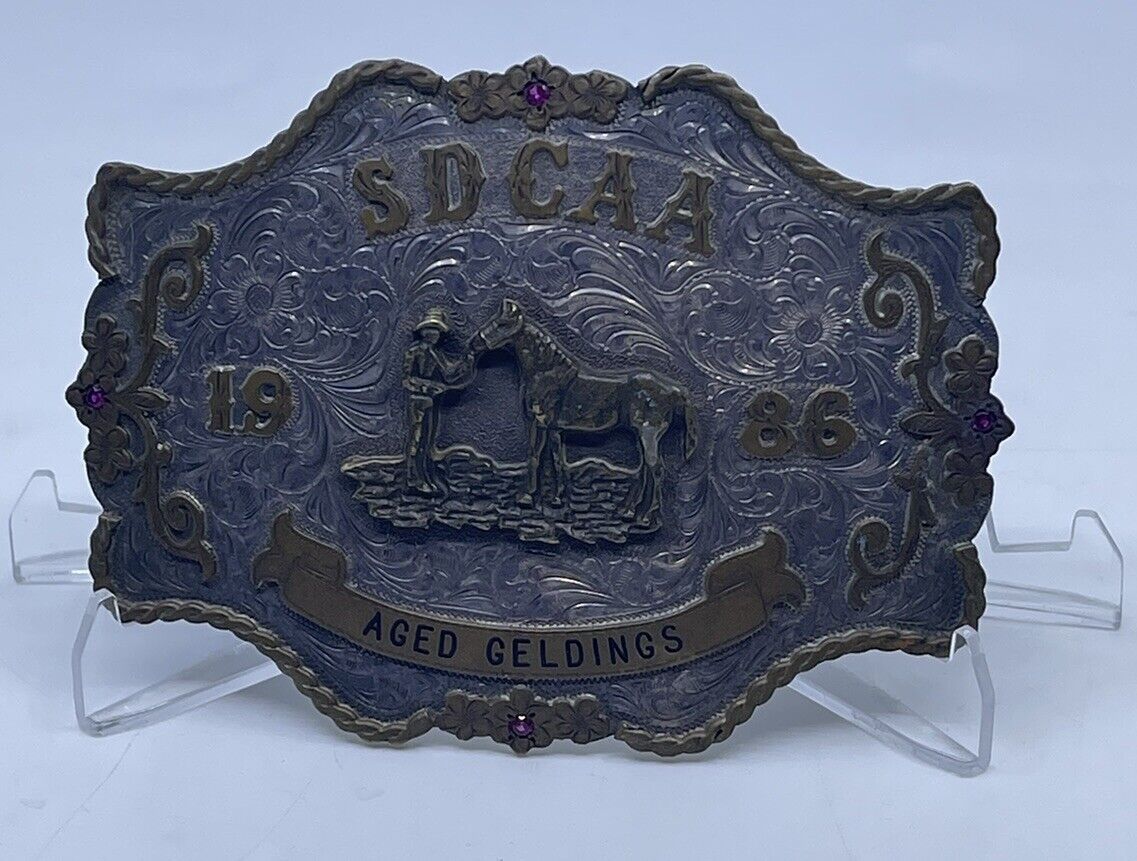 SDCAA 1986 Aged Gelding Trophy Belt Buckle Jeweled Vintage RARE San Diego 3.5x5”