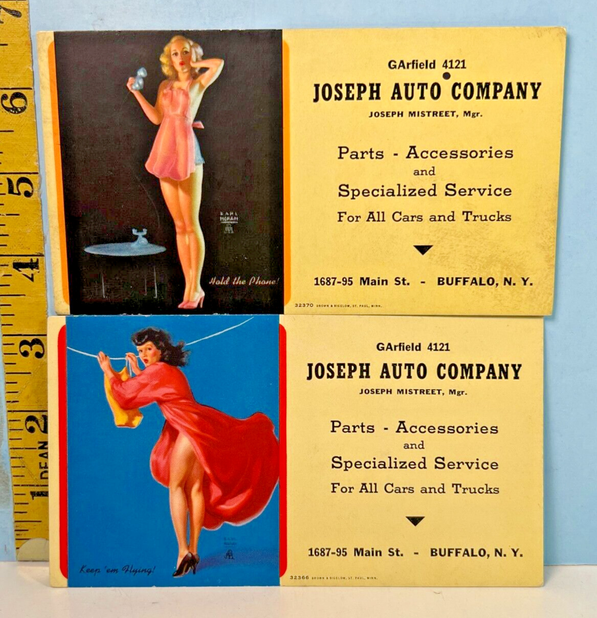1940\'s Lot of 2 Earl Moran Pin-Up Blotter Cards Joseph Auto Company Buffalo NY
