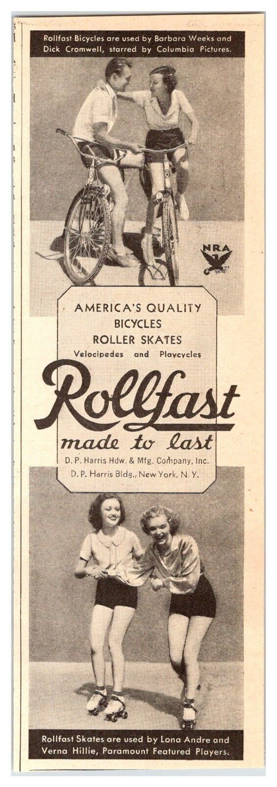 ROLLFAST BICYCLES ROLLER SKATES Vintage 1930\'s 2.5\
