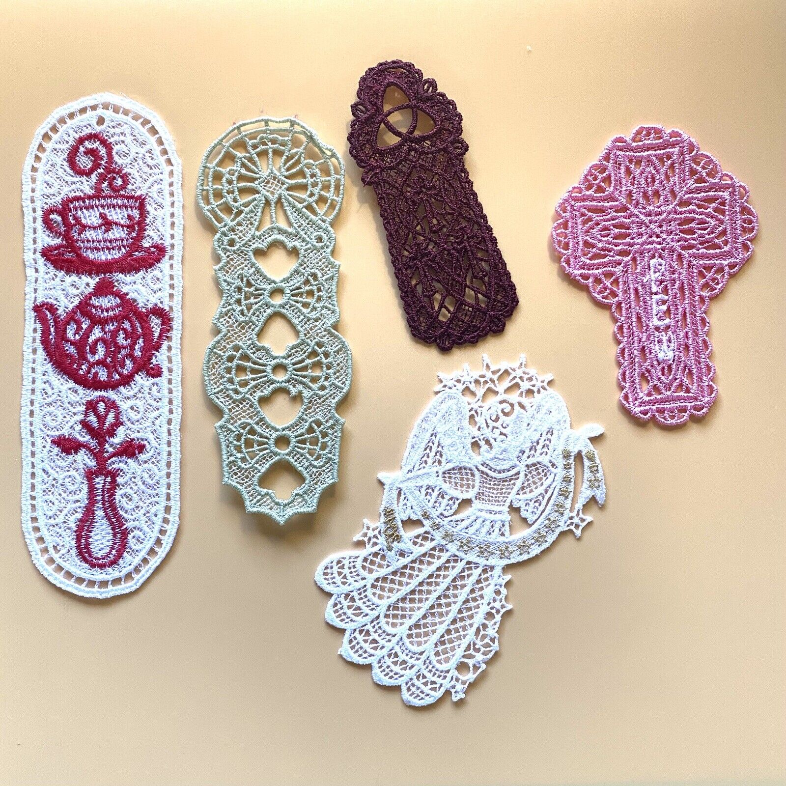 Christian Theme Lace Bookmarks Set Of 5 Different Colors And Designs Crosses