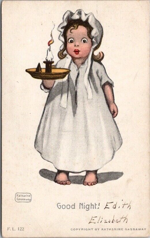 c1900s Artist-Signed KATHARINE GASSAWAY Postcard Girl with Candle 
