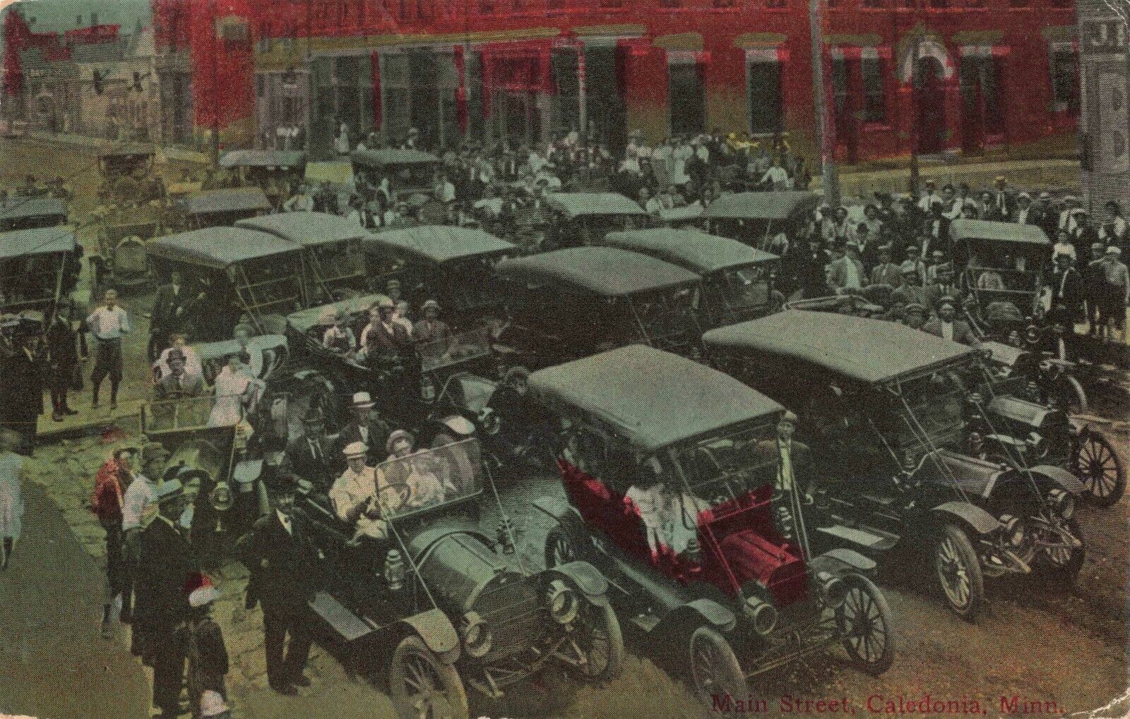Main Street Caledonia Minnesota MN Old Cars Crowd of People 1913 Postcard
