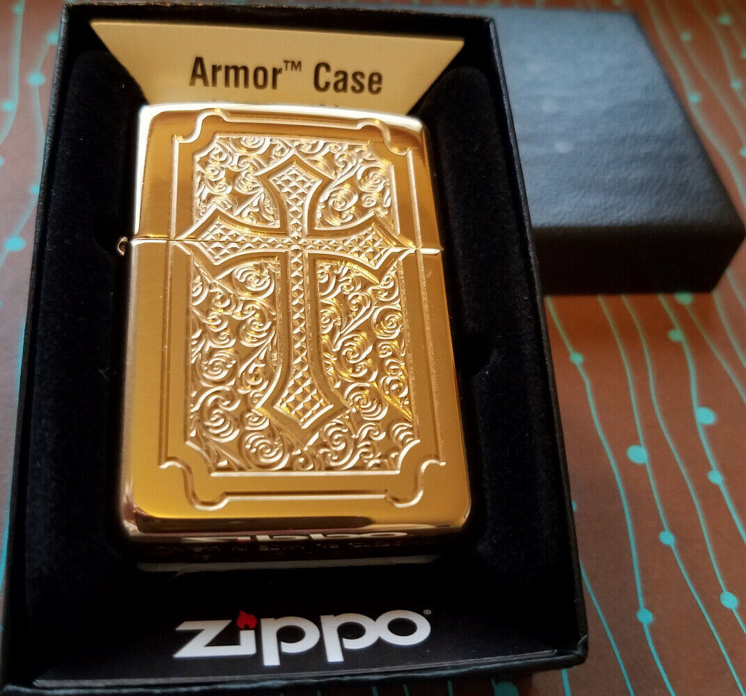 ZIPPO 29436 Eccentric Cross Armor High Polish Brass Deep Carve NEW Lighter F