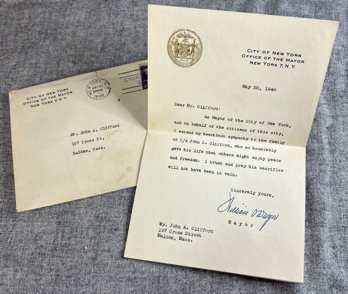 1948 William O'Dwyer Signed Letter w/ Envelope - Mayor of New York City