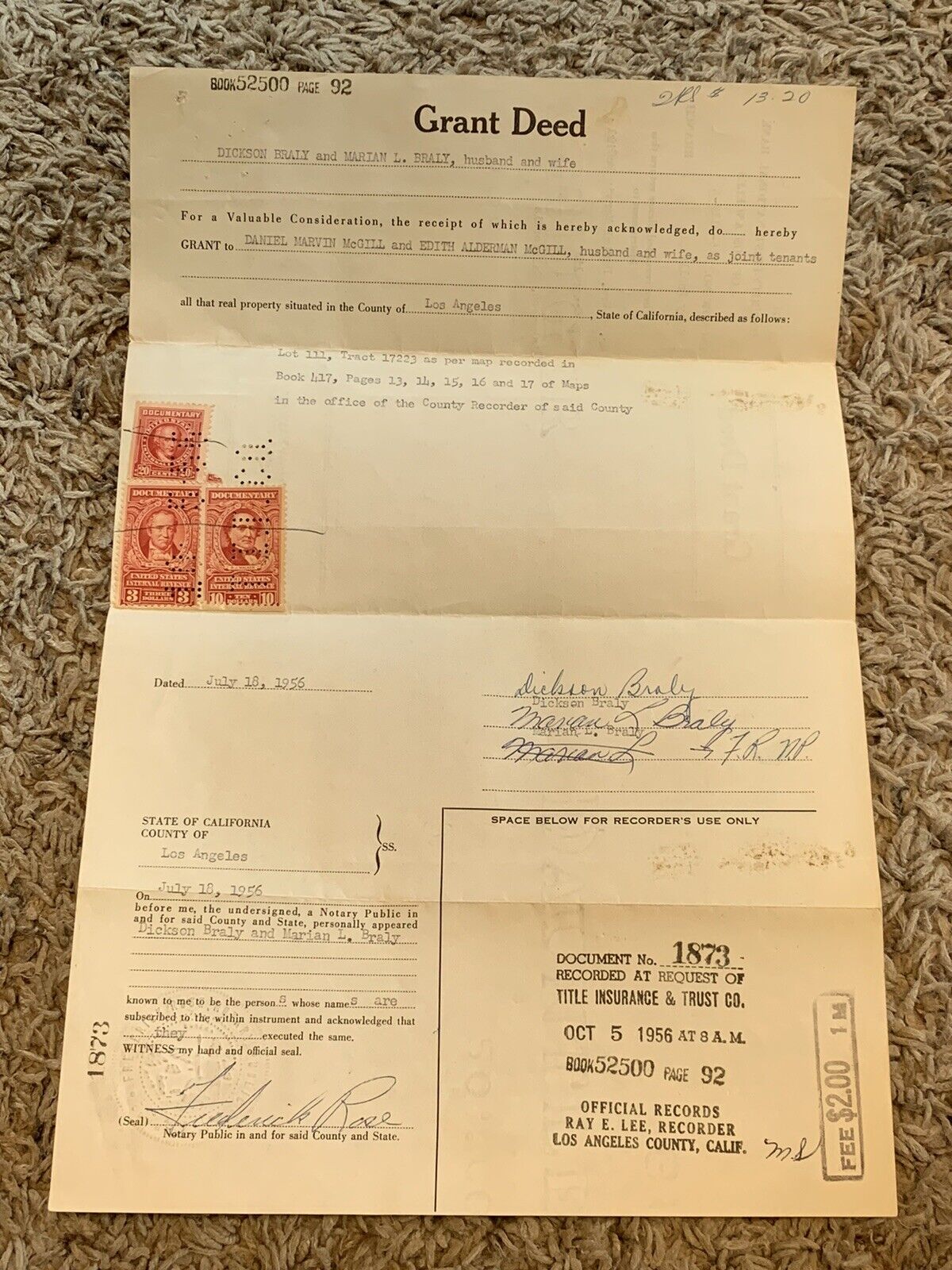 1956 LOS ANGELES GRANT DEED WITH PERFORATIONS TITLE INSURANCE & TRUST