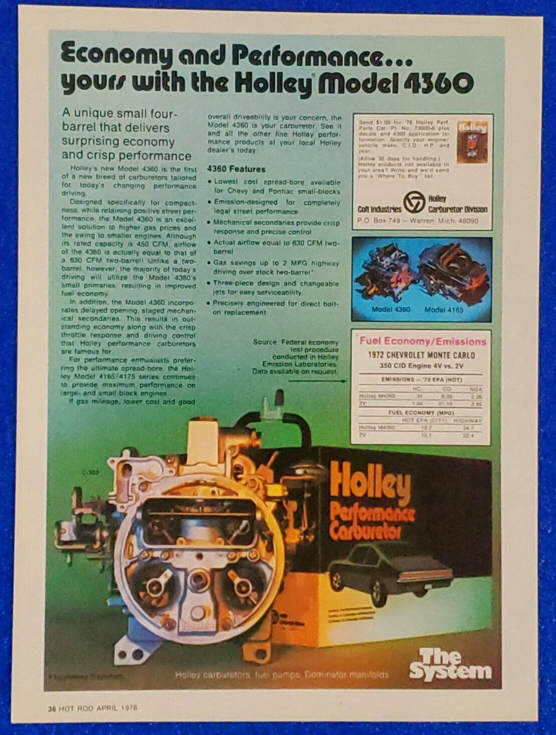 1976 HOLLEY PERFORMANCE CARBURETOR MODEL 4360 ORIGINAL PRINT AD FOUR BARREL ICON
