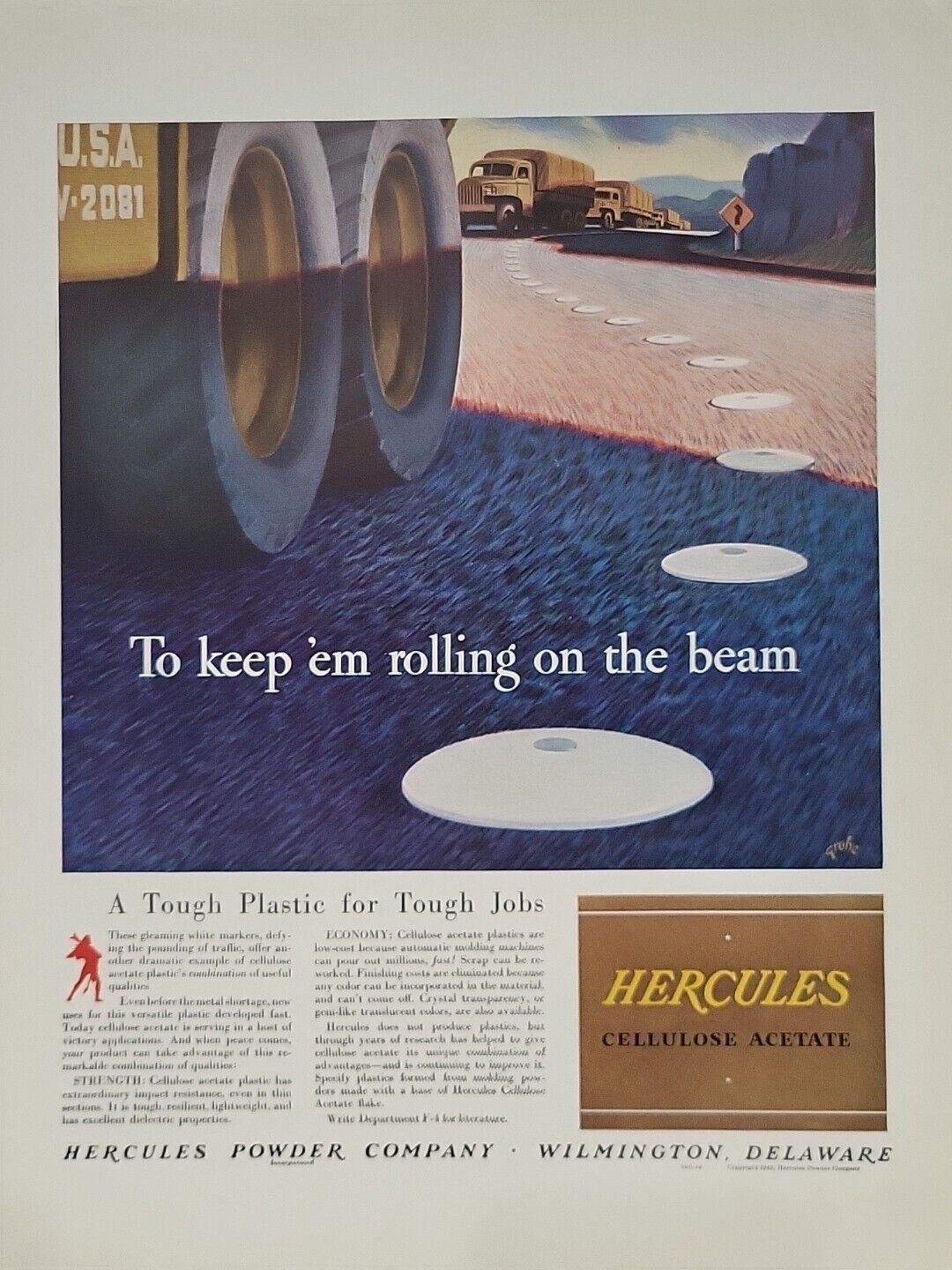 1942 Hercules Cellulose Acetate Fortune WW2 Print Ad Q2 US ARMY Truck Convoy War