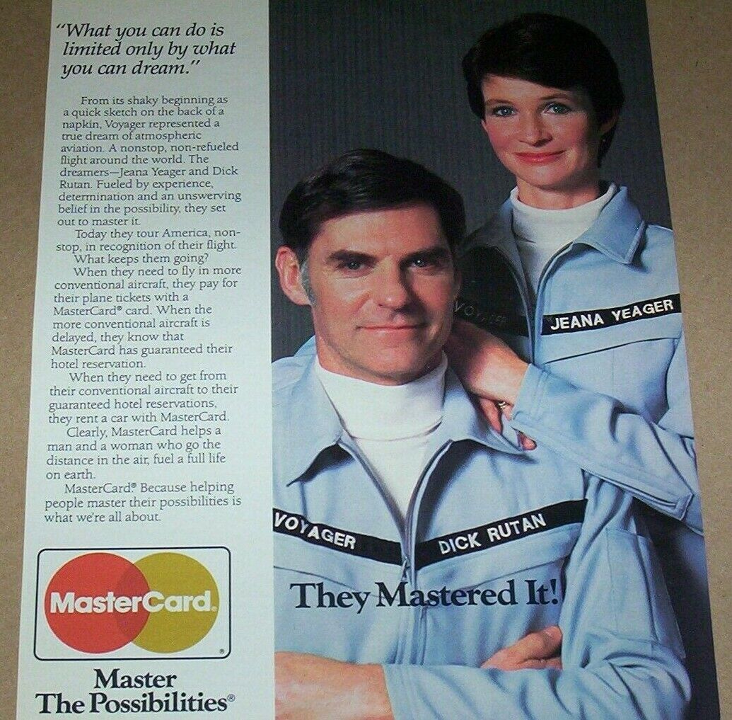 1987 print ad page -MasterCard credit card Jeana Yeager & Dick Rutan advertising