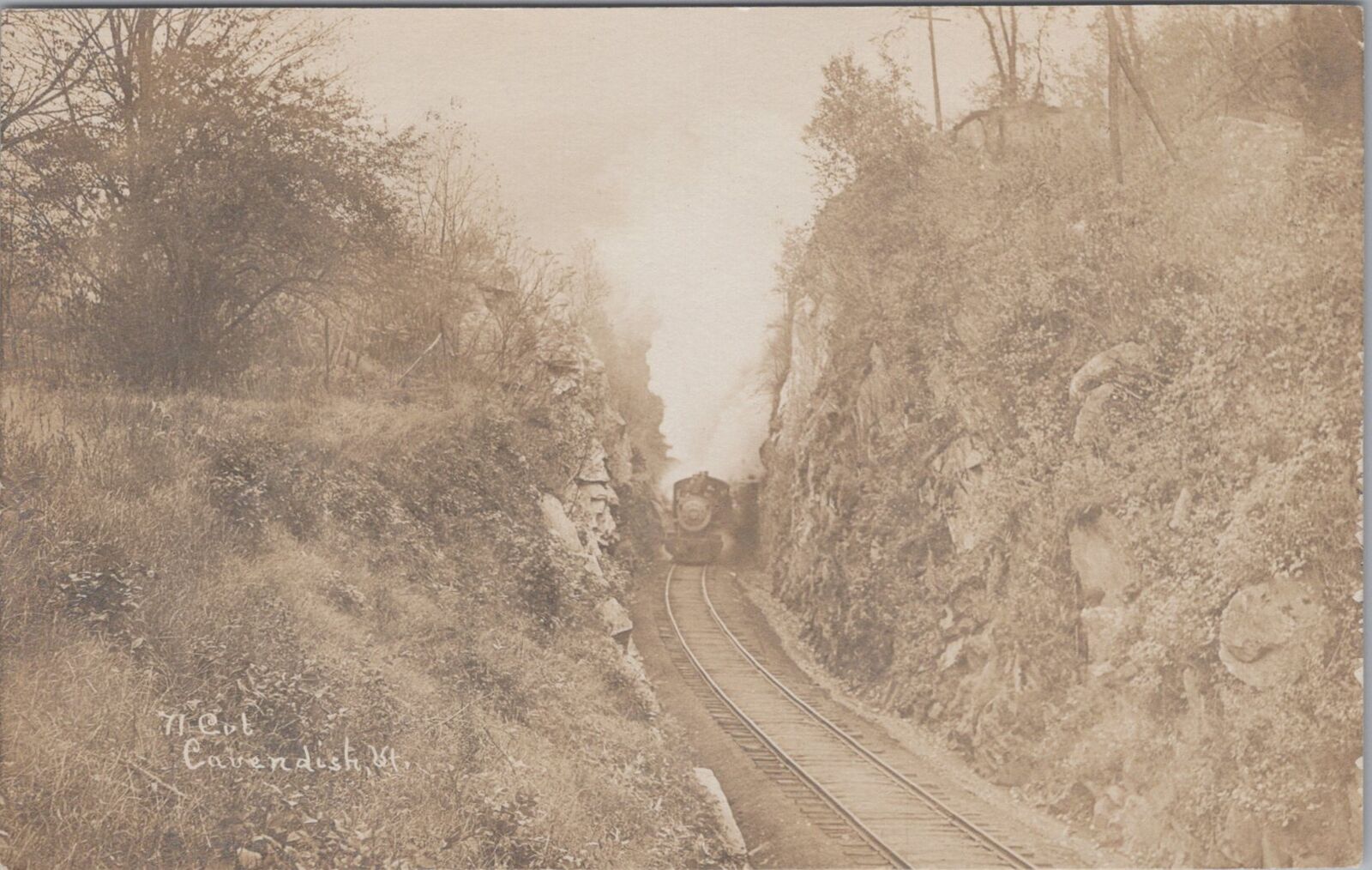 Train Going Through Cavendish Cut Vermont c1910s Unposted RPPC Postcard