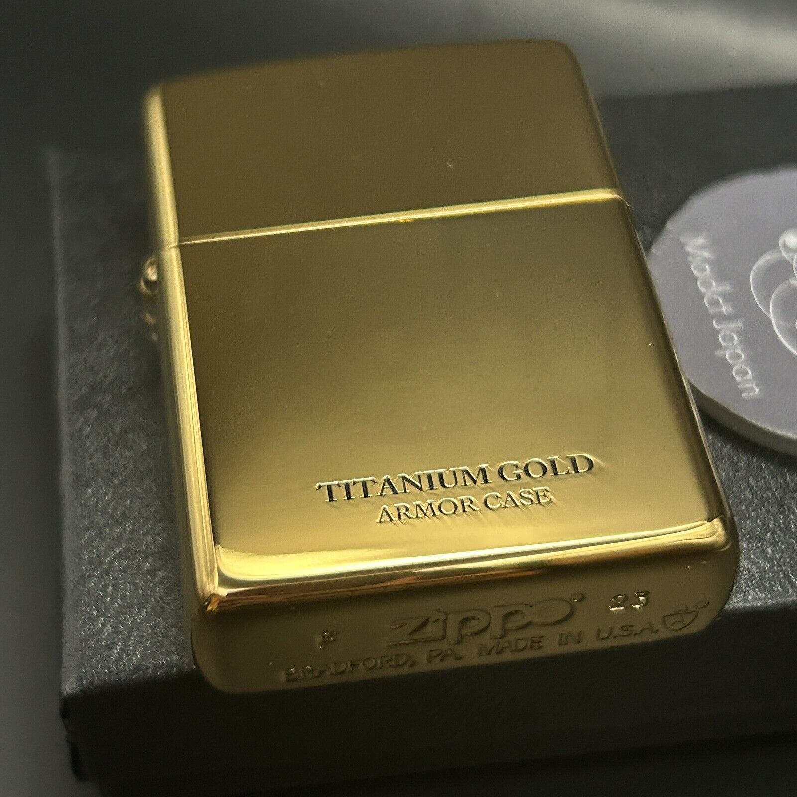 Zippo Armor Case Titanium Gold Side Logo Oil Lighter Etching Brass Japan New