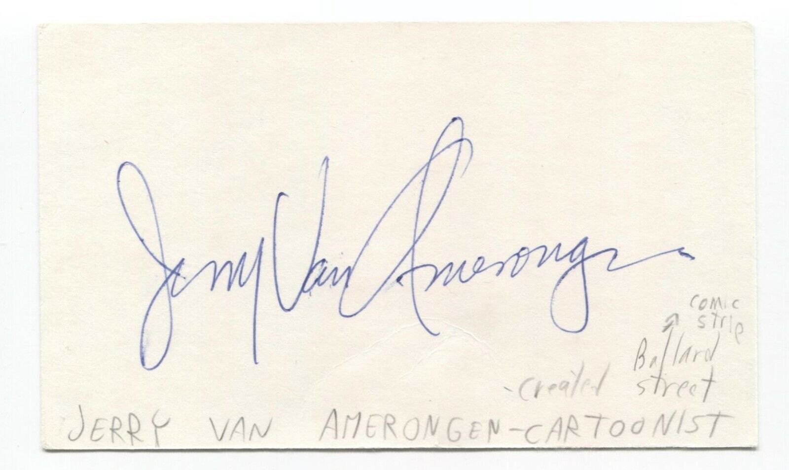 Jerry Van Amerongen Signed 3x5 Index Card Autograph Signature Cartoonist Artist