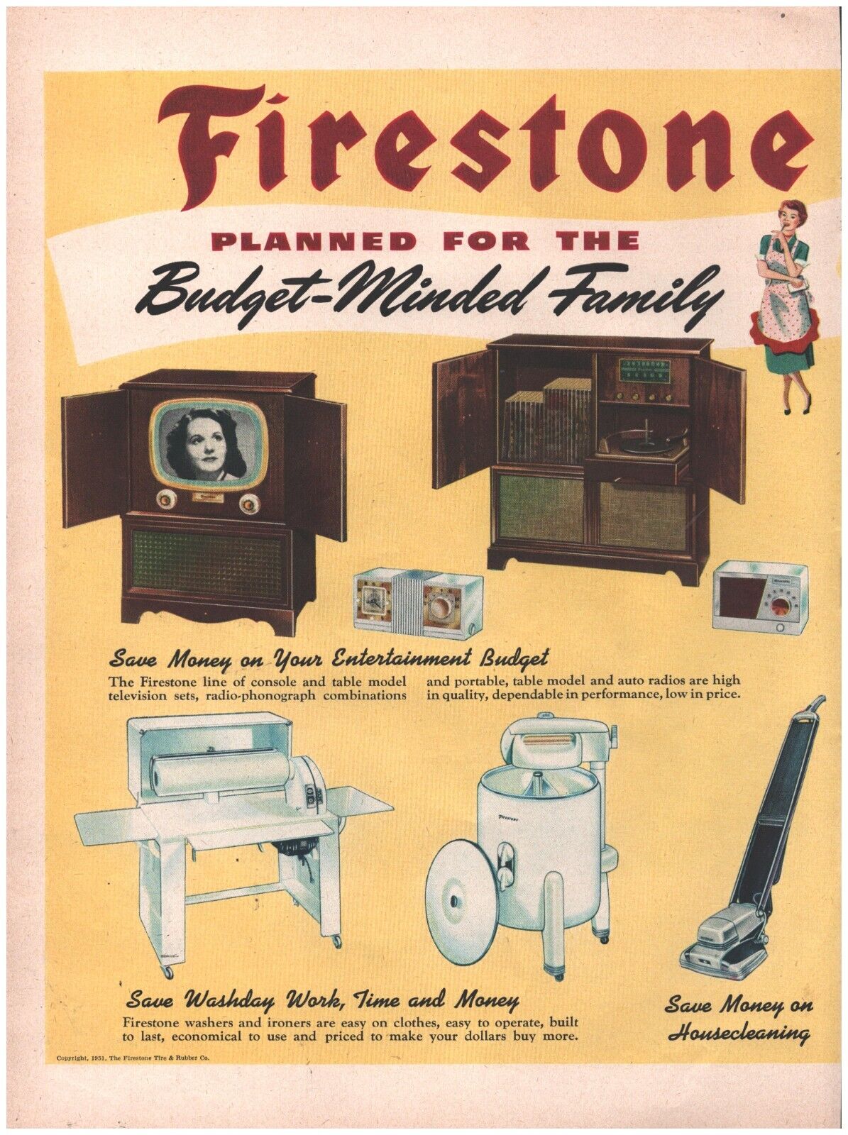 1951 Firestone Appliances TV Radio Phonograph 2-Page Vintage Magazine Print Ad