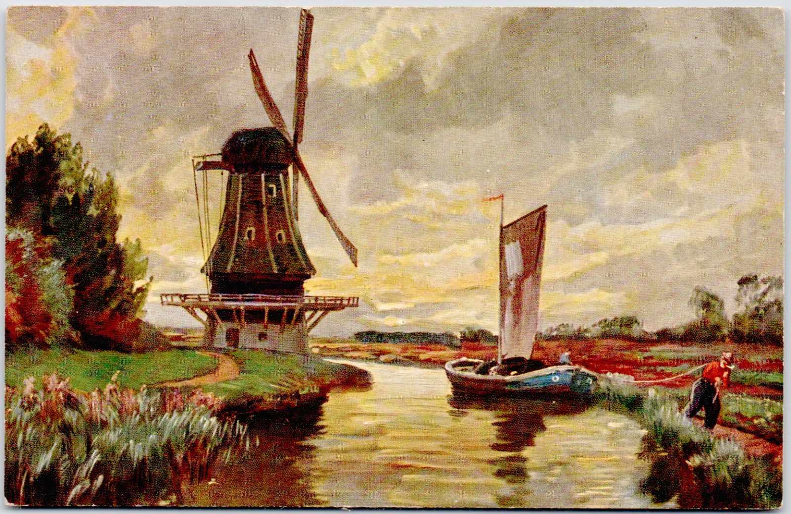 Windmill Man Pulling Sailboat Painting Water Color 1909 KS Vintage Postcard DB