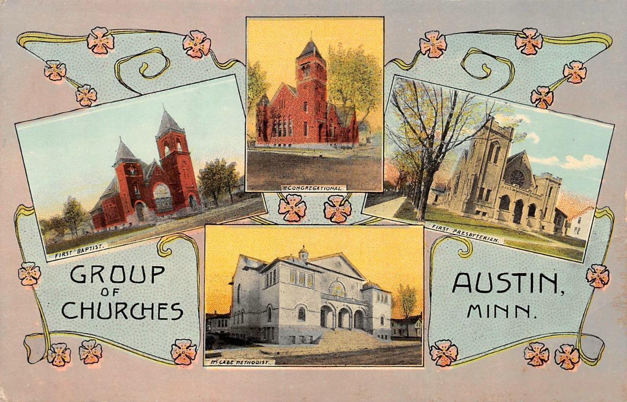 Austin, MN  Minnesota  GROUP OF CHURCHES  First Baptist++  ca1910's Postcard