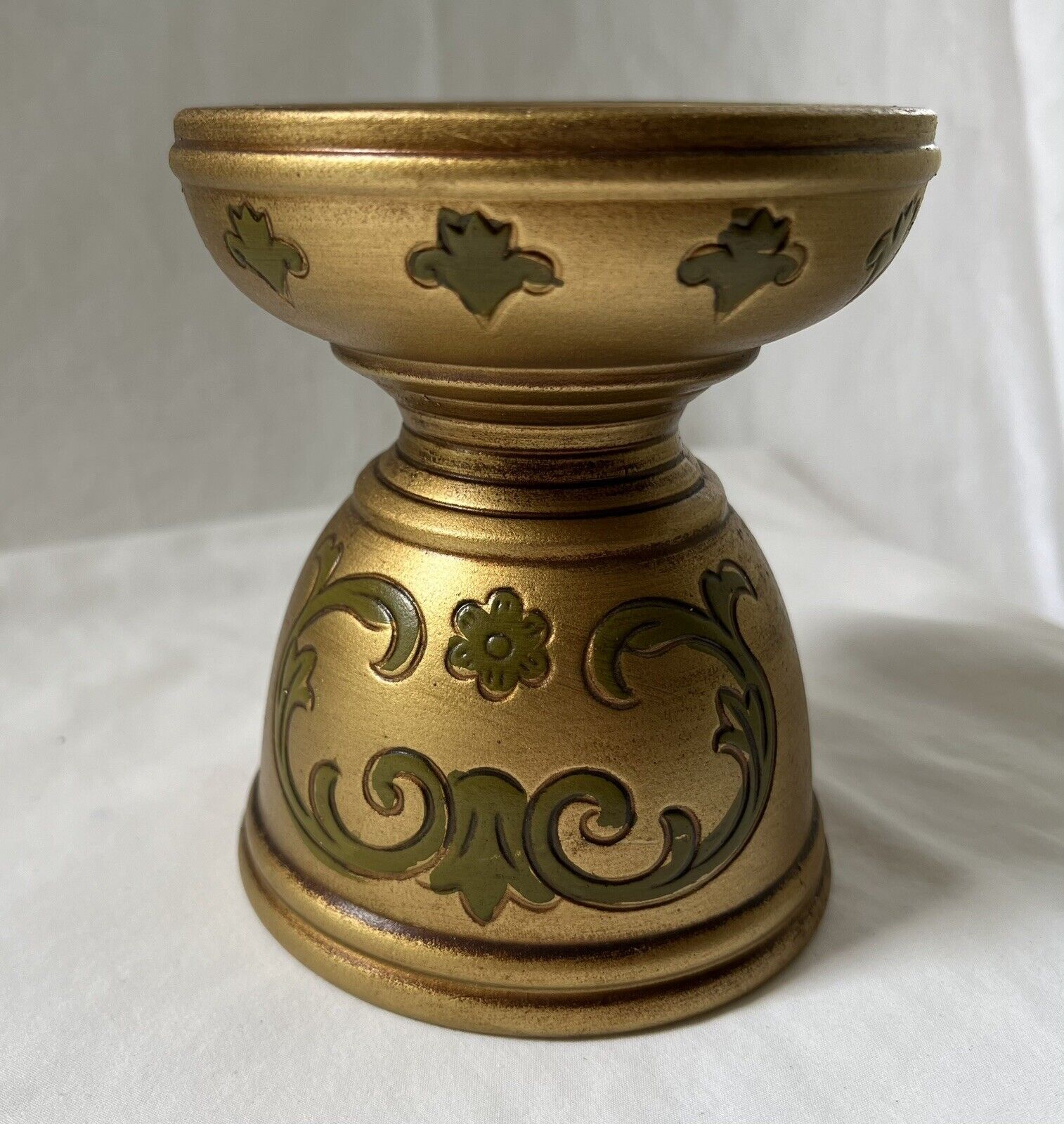 VINTAGE MCM Ceramic Candle Holder Gold Avocado Green Made In Japan 1960s 5 1/2”