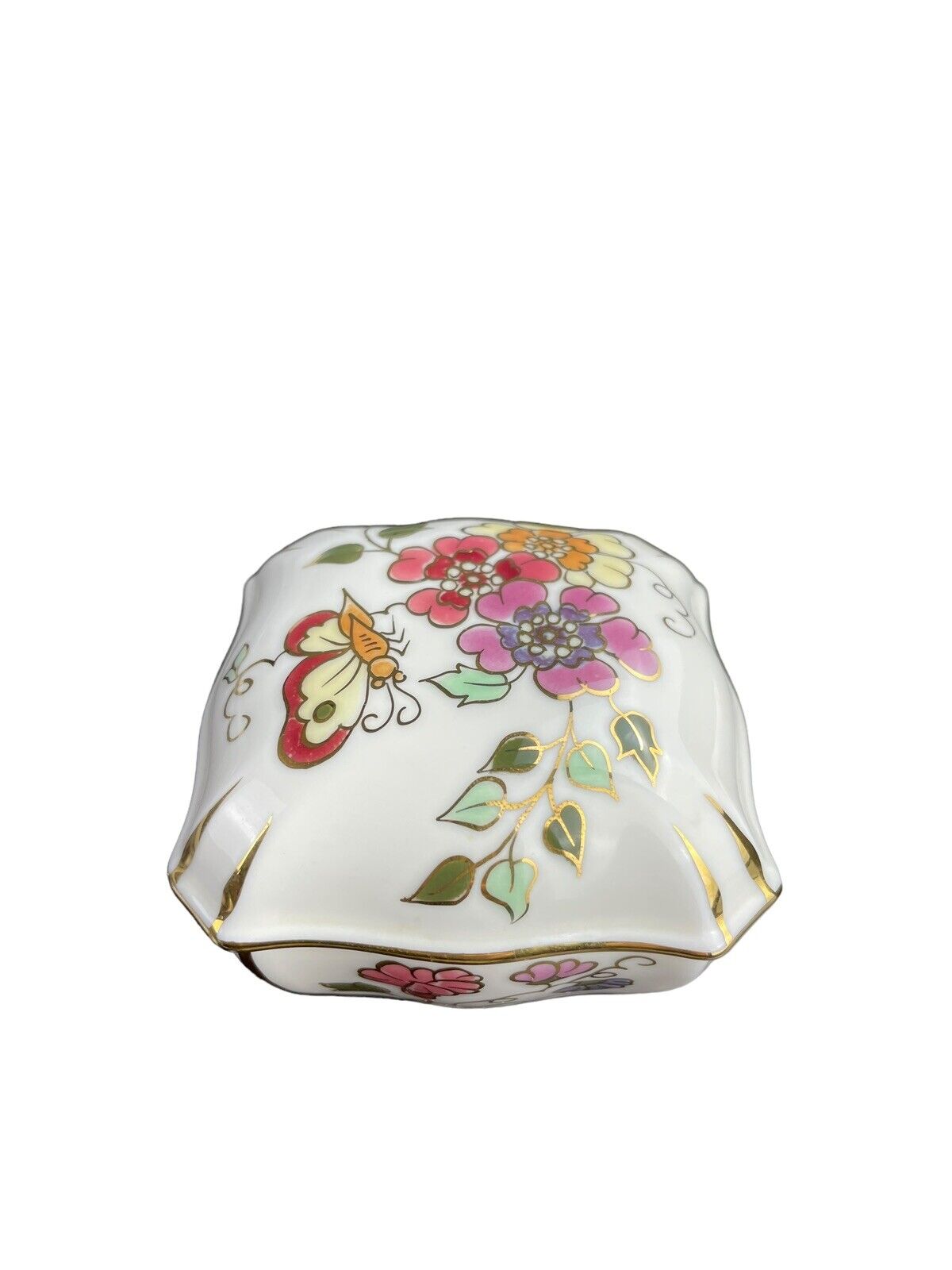 ZSOLNAY HUNGARY PORCELAIN COVERED TRINKET BOX FLOWER PATTERN BUTTERFLY PINK