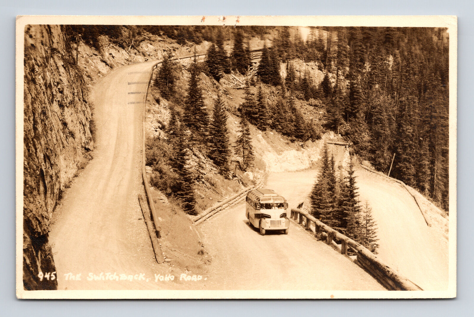 RPPC Scenic View Bus on Yoho Valley Road Switchback CPR Field BC Postcard