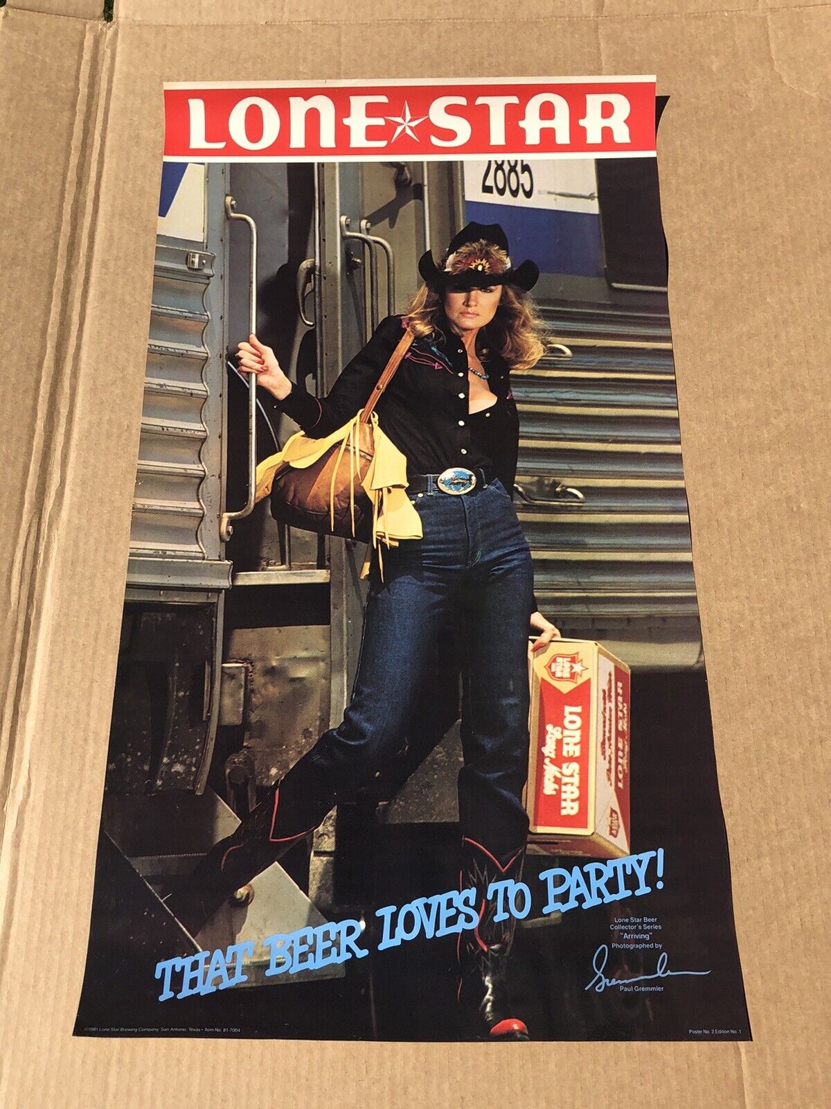 Vintage 1981 Lone Star Beer Poster Cowgirl Train Collector's Series Arriving 80s