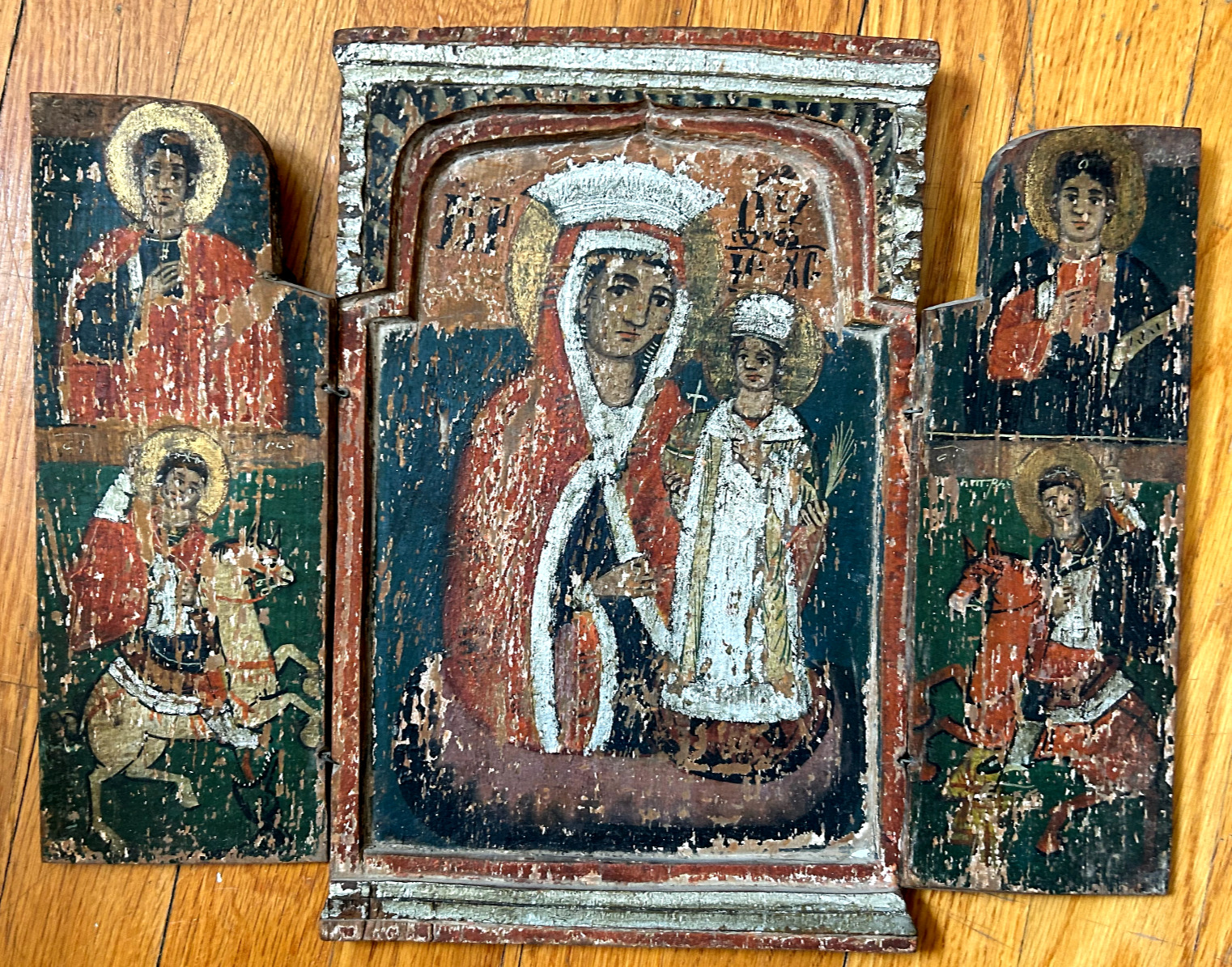 antique 18th c. Greek Orthodox ? wood icon TRIPTYCH painting panel Italy Russia