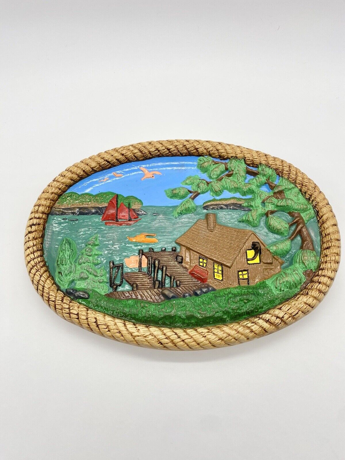 Vtg 1981 Hershey Molds 3D Diorama Wall Plaque Cabin on Lake Scene Hand Painted