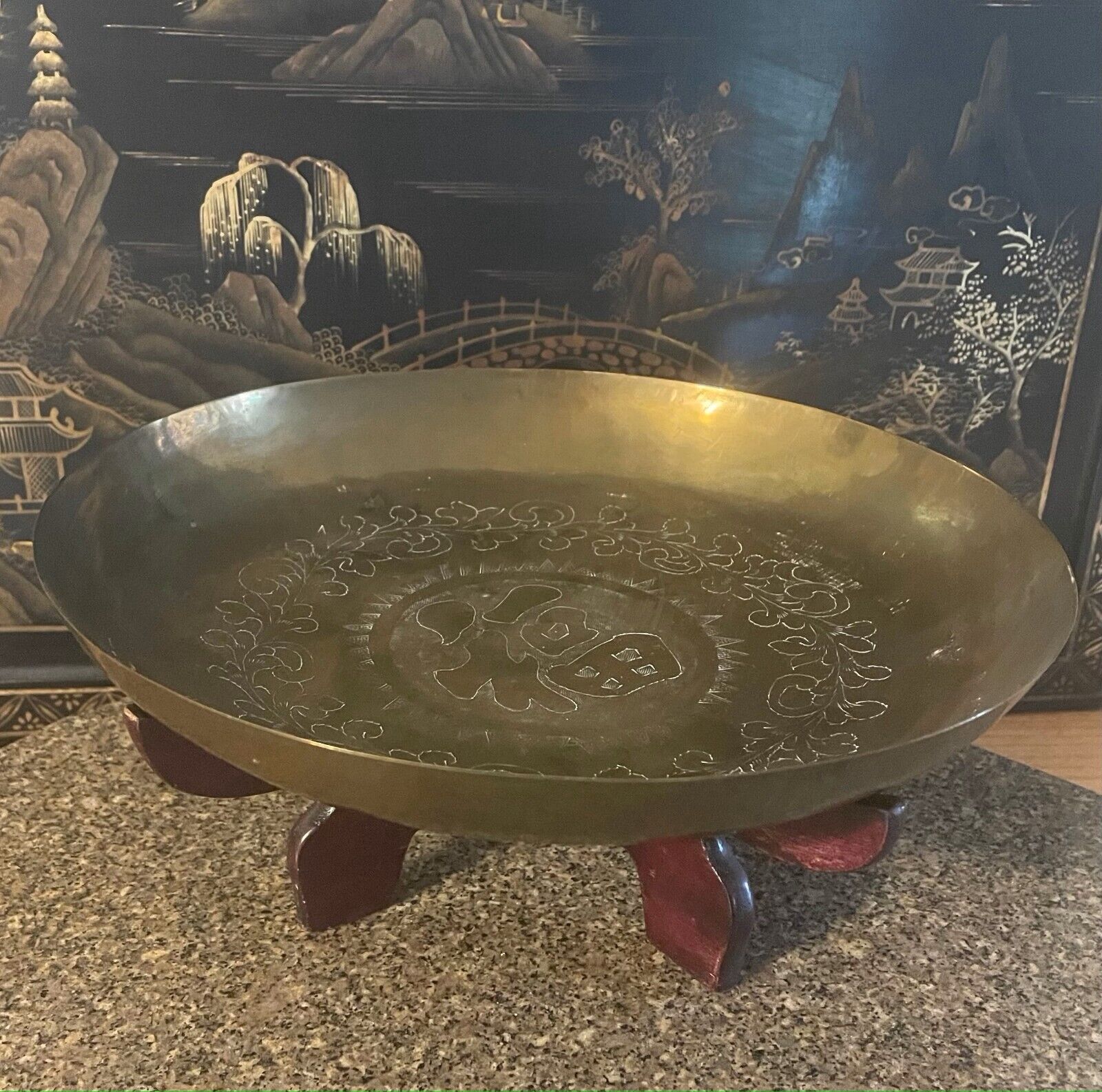Vintage Oriental Chinese Good Fortune Solid Brass Shallow Bowl on Stand 10\