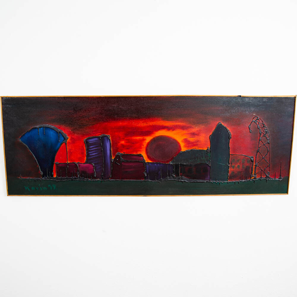 Mid Century Modern Original Art Surrealist Landscape Sun Set Painting Original