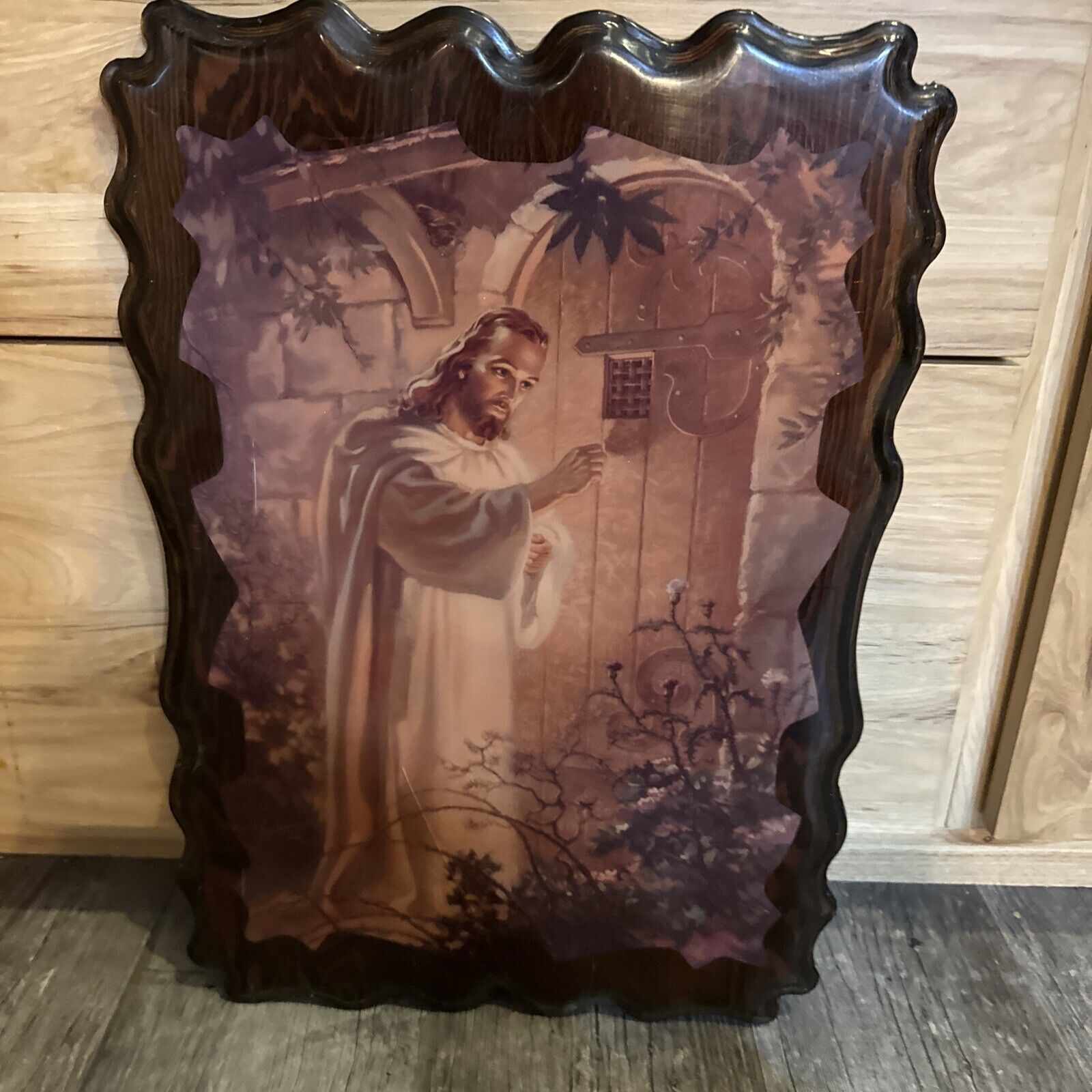 Vintage Lacquered Wood Warner Sallman Litho Christ at Hearts Door Large 15x22