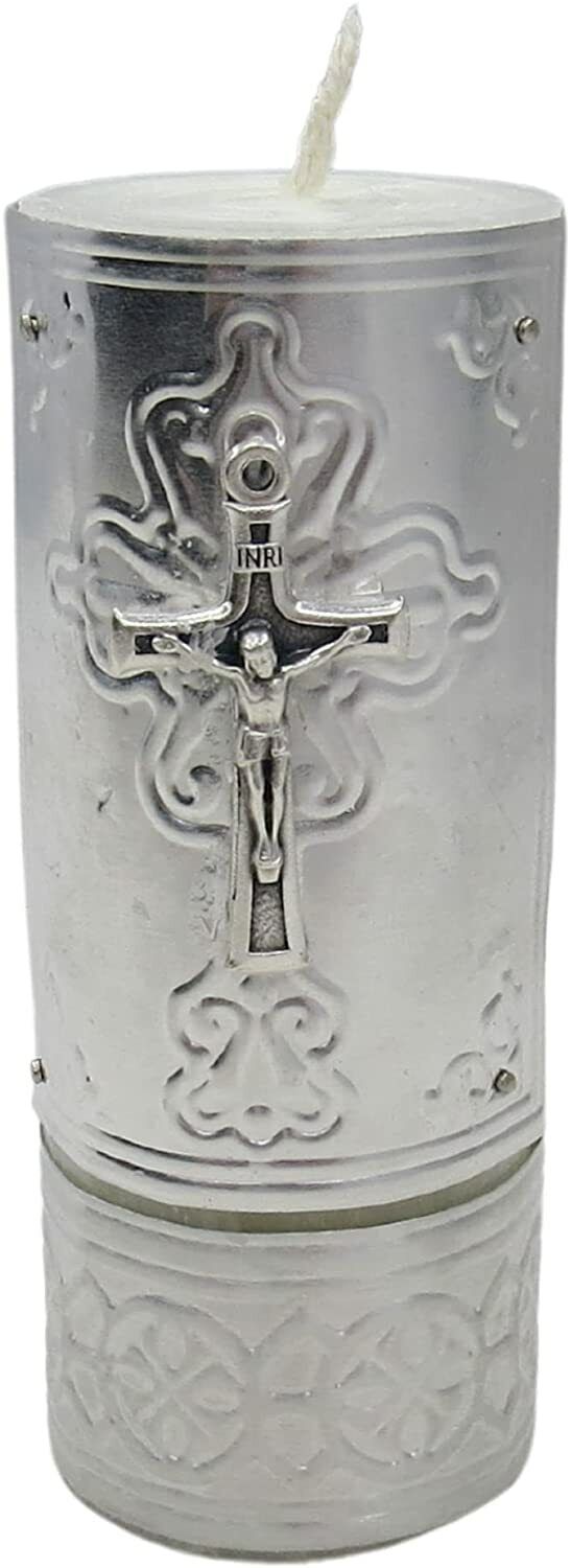 Small Sliver Toned Pillar Candle With Crucifix Pendant Charm Gift, 4.5 In