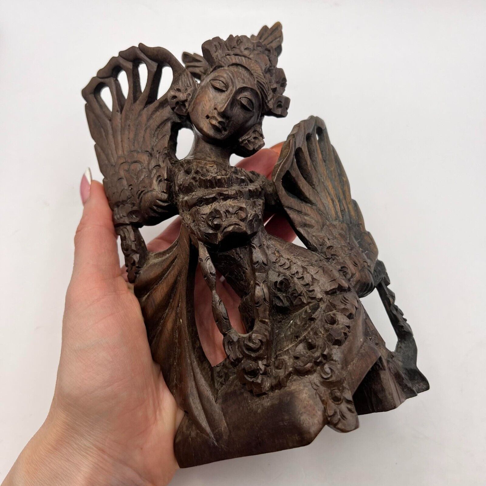 Antique Balinese Asian Hindu Saraswati Wooden Hand Carved Figure Statue 7.4