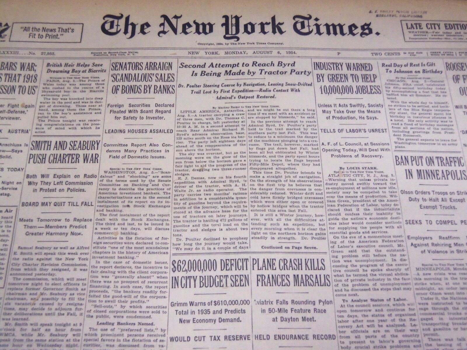 1934 AUGUST 6 NEW YORK TIMES - SECOND ATTEMPT TO REACH BYRD - NT 3987