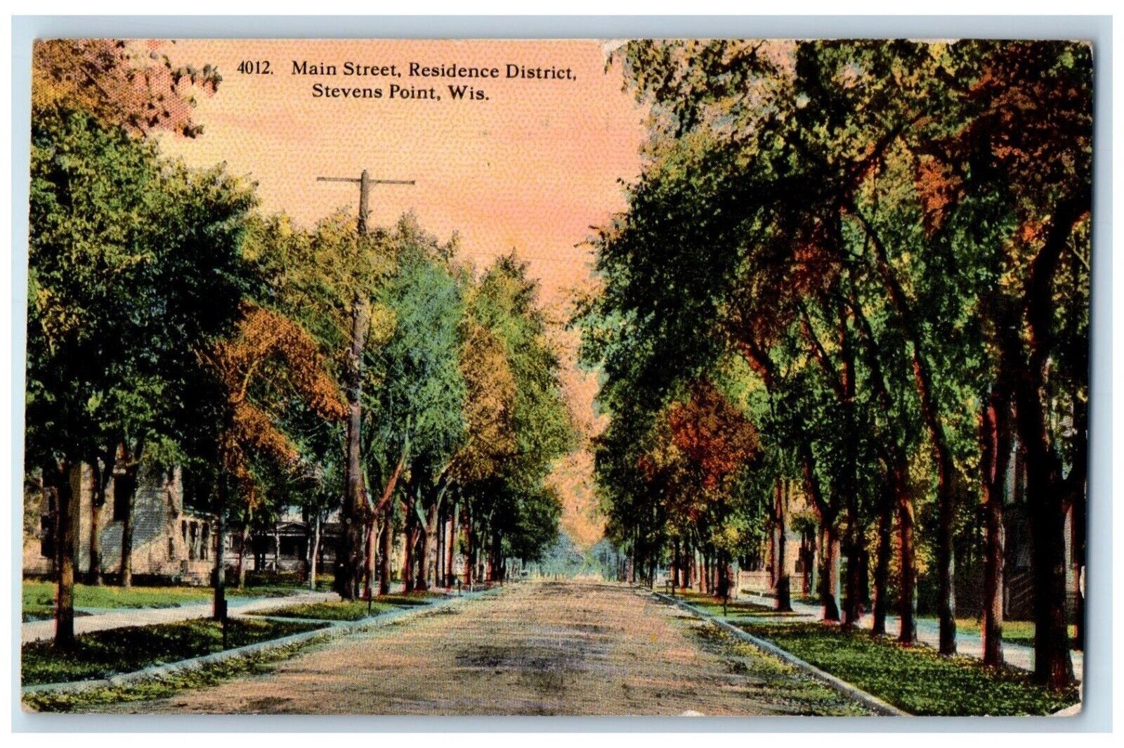 1914 Main Street Residence District Stevens Point Wisconsin WI Antique Postcard