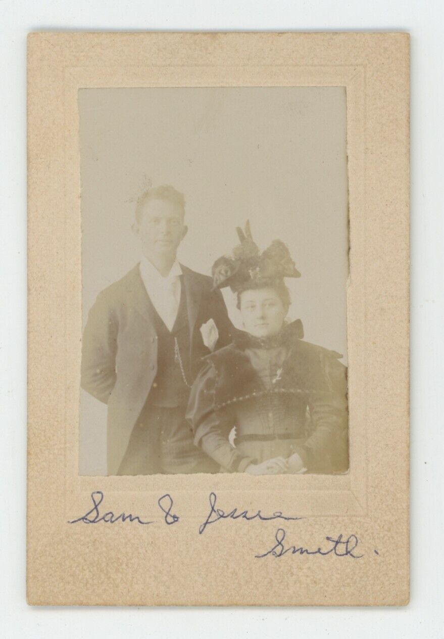 Antique ID\'d CDV Circa 1890s Couple Named Sam & Jesse Smith in Fancy Clothing