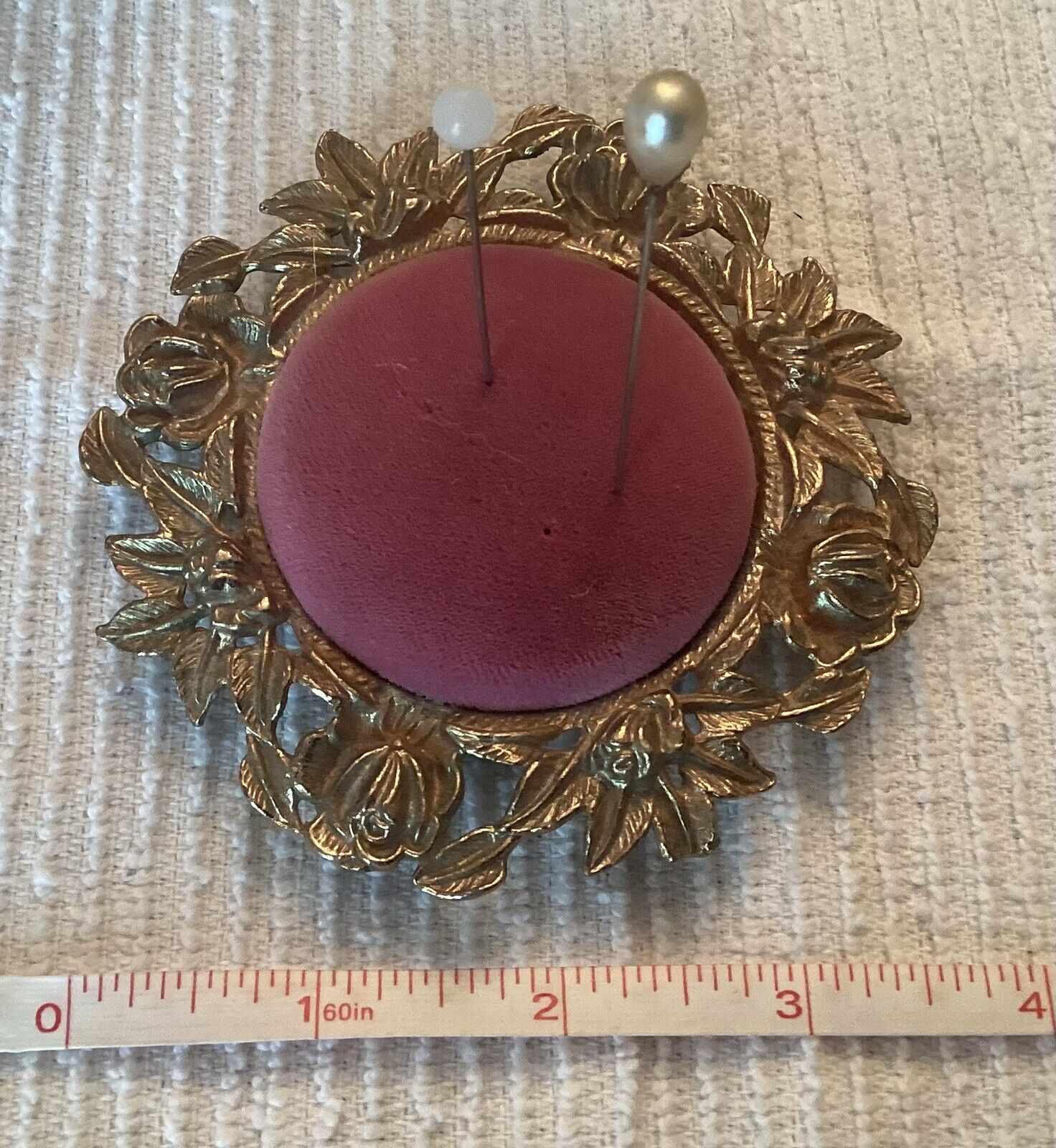 Antique Victorian Gilded Ornate Velvet Pad Pin Cushion