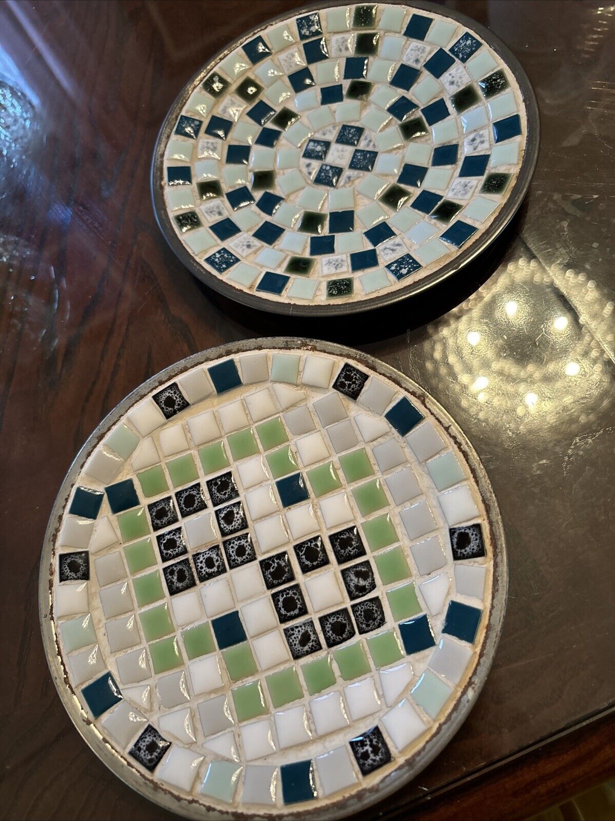2 Vintage MCM 6 1/2” Metal Trinket Dishes Mosaic Ceramic Tile designs 