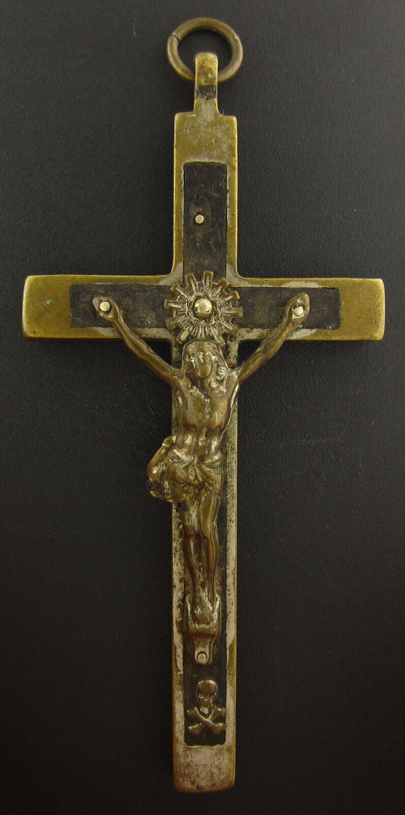 Vintage Small Cross Crucifix Religious Holy Catholic Metal with wood inlay