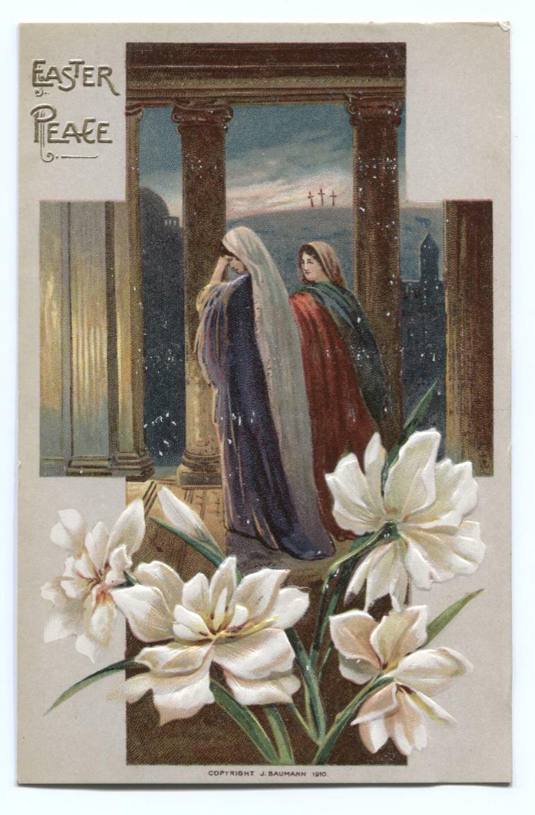 Postcard Easter Peace Women Praying + White Flowers J Baumann 1910