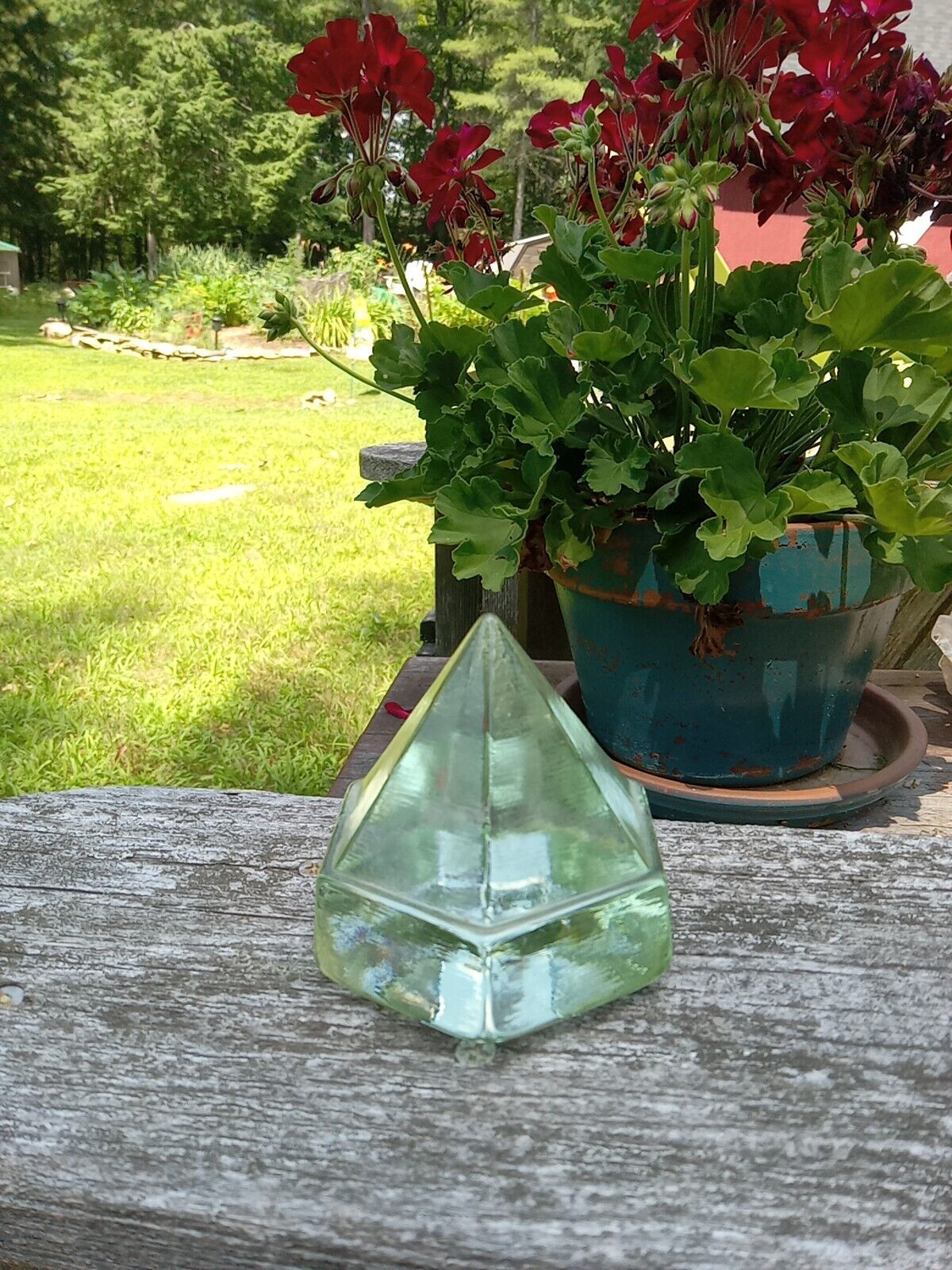 Vintage Ship Deck Prism Paperweight Green Glass Nautical Hexagonal Pyramid