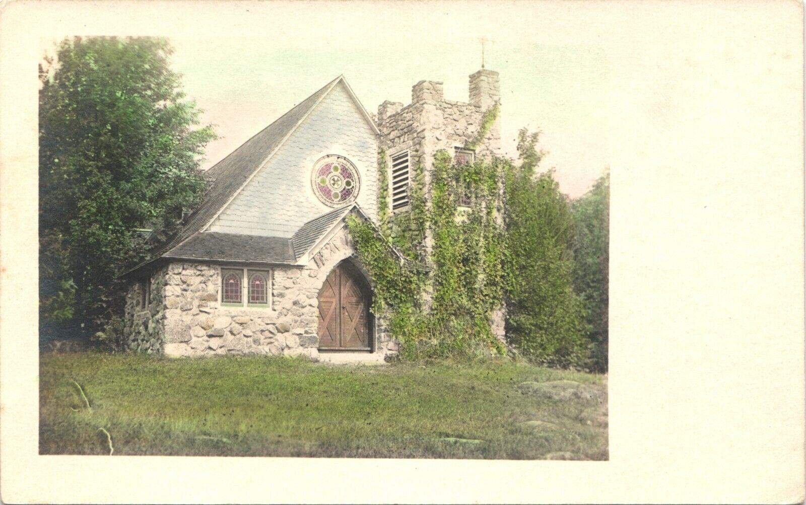 LAKE SUNAPEE, NH, ST JAMES EPISCOPAL CHURCH real photo postcard TINTED RPPC USA