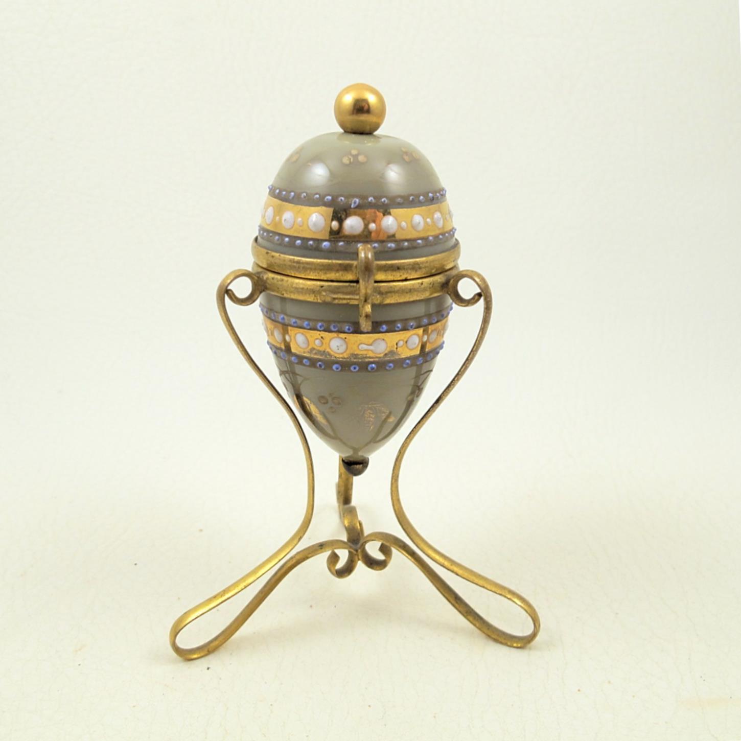 19c French Jeweled Gilded Taupe Opaline Glass Egg Box Ormolu Hollywood Regency