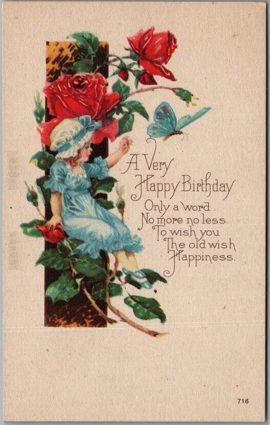 1910s BIRTHDAY Greetings Postcard Girl in Bonnet / Flowers Blue Butterfly UNUSED