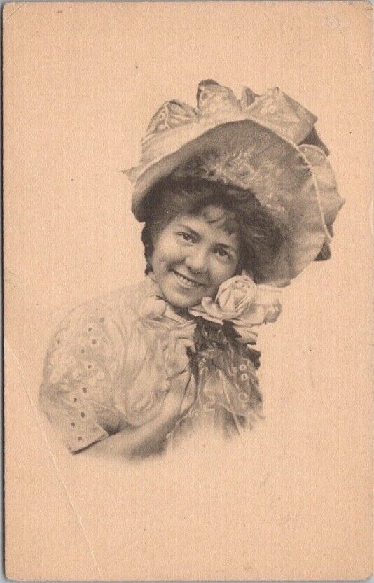 c1910s Bergman Pretty Lady Greetings Postcard Large Hat / Bonnet / Roses