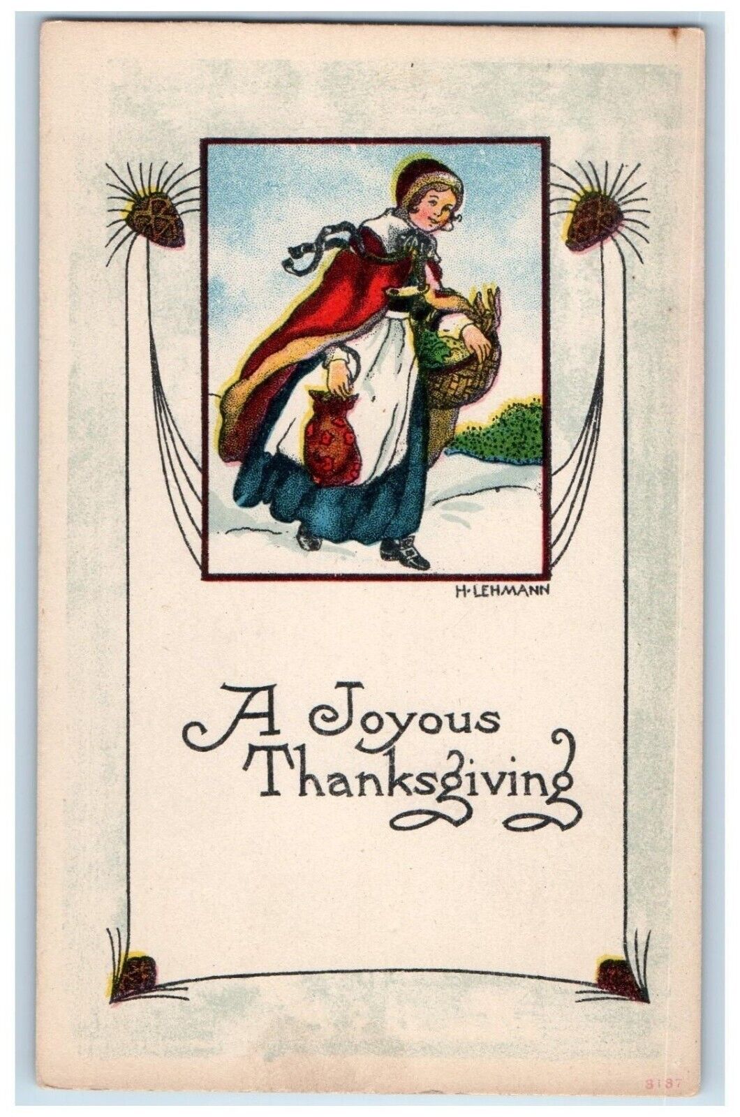 c1910\'s Joyous Thanksgiving Woman With Basket Lehmann Unposted Antique Postcard
