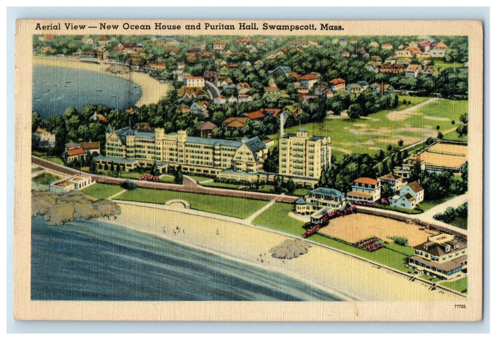 1948 Aerial View, New Ocean House and Puritan Hall Swampscott MA Postcard