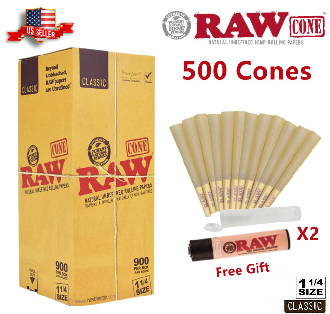 Authentic RAW Classic 1 1/4 Size Pre-Rolled Cone 500 Pack & Free Clipper Lighter