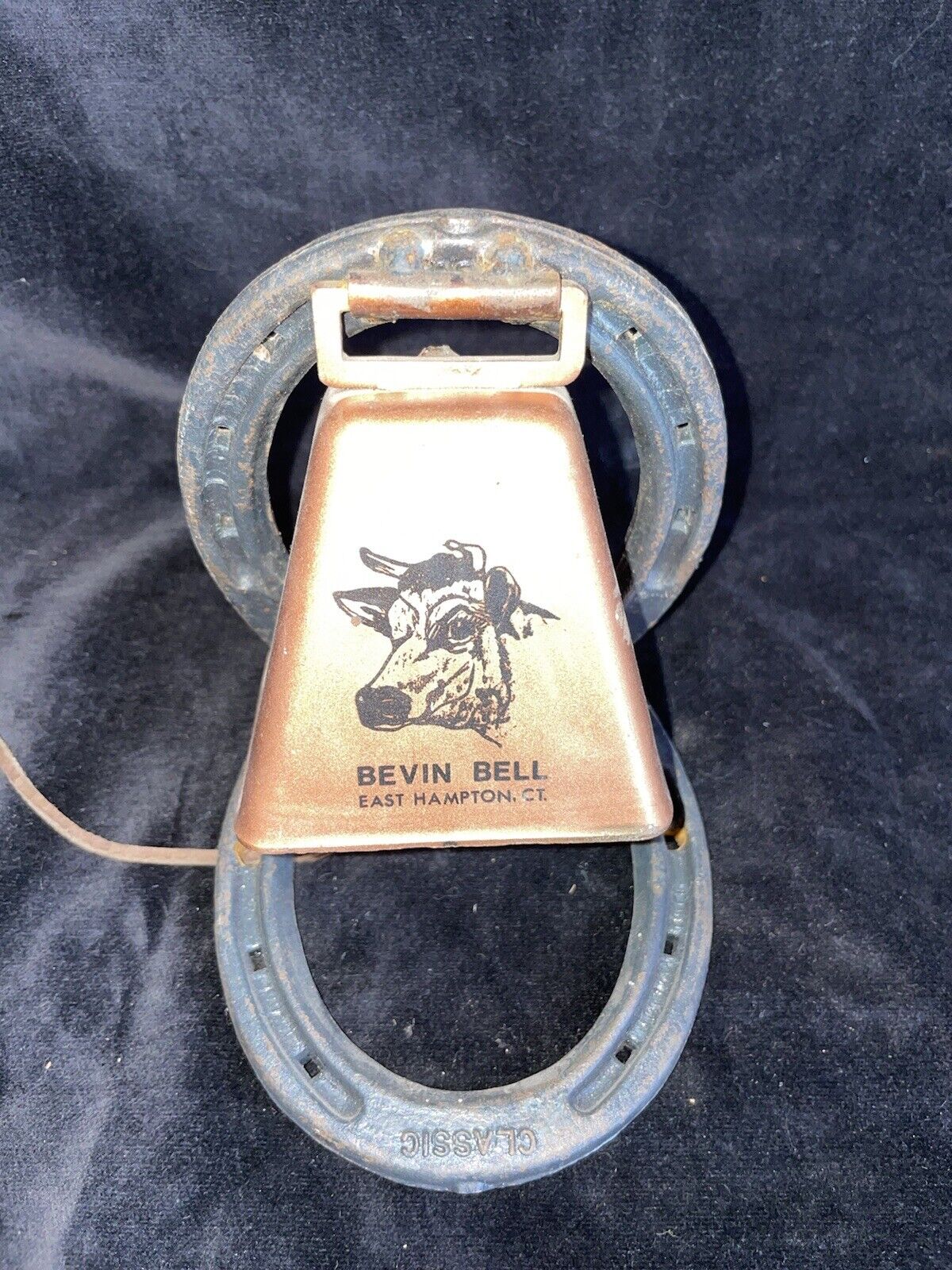 Antique Copper Bevin Bell Mounted on Metal Horseshoes E Hampton CT Vintage Rare